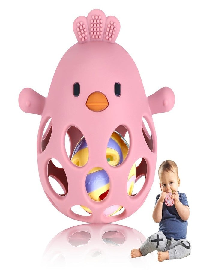 Onomie Baby Teething Chick Toy, Upgraded Easy Grasp Silicone Teething Rattle Ball Toy for Babies Over 3 Months, 100% Food Grade, Gift for Infant Boys and Girls 0-6-12 Months (Dark Pink) - Image 1